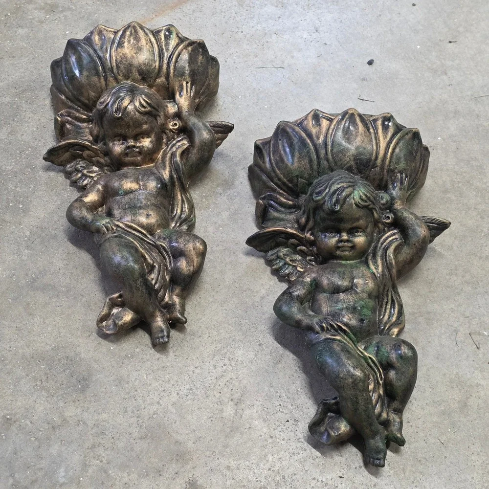 Vtg Inarco Cherub Wall Pocket Set Gold Winged Angel Planter light weight patina